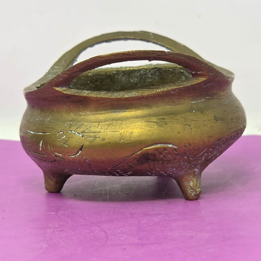 Antique Chinese Brass Incense Burner Pot With Handles‎ Etched Design 6 Hallmarks - Picture 4 of 11